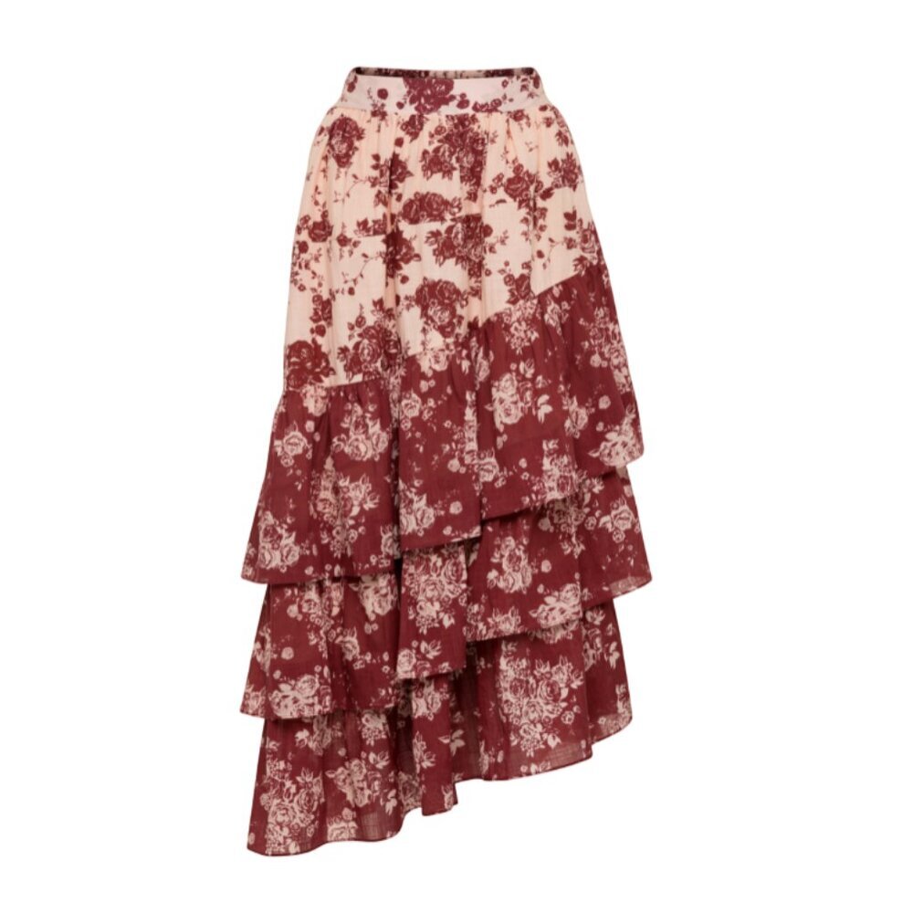 Anna Cate Elle Midi Skirt Womens Small Pink Maroon Tiered Ruffle Floral Cotton